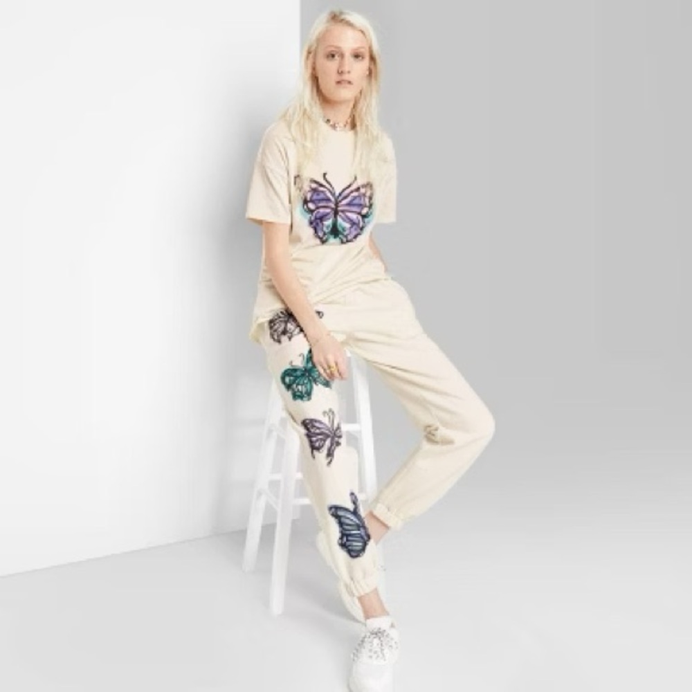 🦋 Cream Butterfly Print Sweatpants